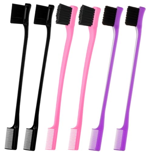6Pack Double Sided Edge Control Hair Brush Professional Edge Control Hair Brush Comb Set Dual-Sided Bristle Design Pink Purple Black