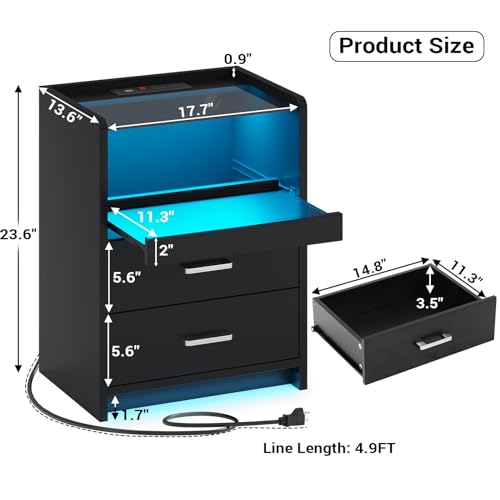 AOGLLATI LED Nightstand with Charging Station, Night Stand with Pull-Out Tray, 2 Drawers, Bedside Table with LED Lights, Modern End Table with USB Ports Outlets, Black