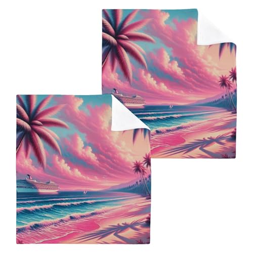 YANENDIE Pink Beach Cruise Ship Washcloths Towels, Highly Absorbent and Soft Cotton Face Cloths, 2 Pack Quick Dry Wash Cloths - 12 X 12 Inches
