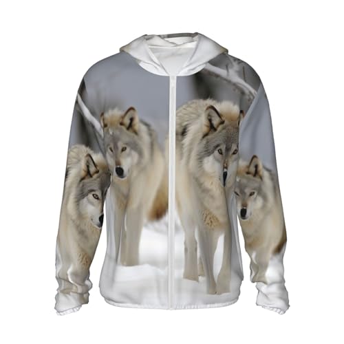 LZQPOEAS Sun Protection Hoodie Two wolves walking in the snow Jacket Lightweight Long Sleeve Sun Shirts for Outdoor Hiking Small