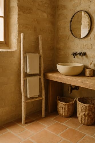 Biscottini Scaletta porta asciugamani bagno 108x32x3 - Scala Decorativa in Legno - Scaletta legno appendi asciugamani - Scala portasciugamani - Scaletta portasciugamani da parete Metallo, Bambu