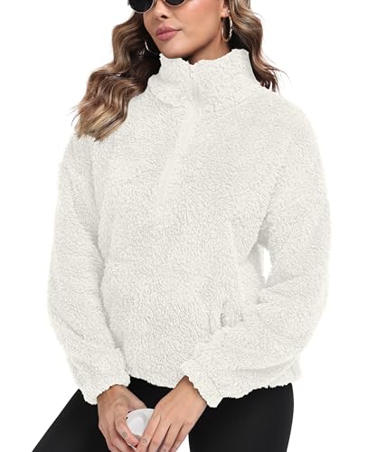IWOLLENCE Jersey de mujer para invierno, chaqueta de forro polar tipo teddy, chaqueta de sherpa, sudadera cálida sin capucha, jersey con media cremallera, Blanco, XL