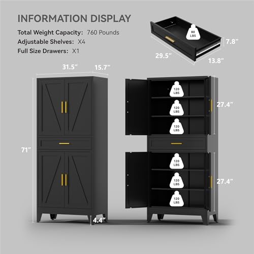 Image of 71 inch Tall Farmhouse Pantry Cabinet,Metal Cabinet with Doors and Shelves,Storage Cabinet for Kitchen Garage,Black 1 Pack