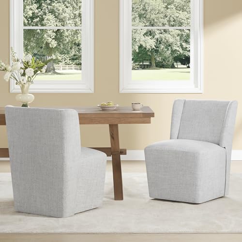 Image of KISLOT Upholstered Dining Chairs Set of 2 with Casters, Wingback Modern Side Armless Deskchair with Rollers for Diningroom Bedroom Livingroom Reading Room, Pale Gray Fabric