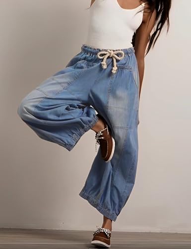 Hooever Women's Wide Leg Jeans Baggy Boyfriend Elastic Hem Denim Pants with Drawstring Waist4