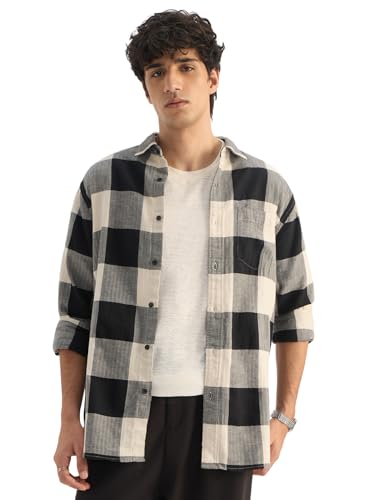 Image of The Souled Store: Blue Sails Men and Boys Long Sleeve Collared Neck Button Front Blue and Cream Checked Embroidered Regular Fit Cotton Linen Shirt