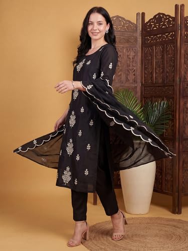 Image of INDO ERA Women's Black Silk Blend Embroidered Mirror Work Kurta & Pant with Dupatta Set (IEDDAI484)