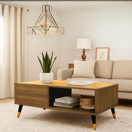 Image of MATTERHORN Noir Coffee Table - 1000x550x500 mm (LxBxH), Engineered Wood & Steel with Black & Gold Legs, Free Assembly, 1-Year Warranty - Modern Center Table for Living Room (Almond Beige Finish)