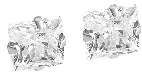 ENTREPLATA Pendientes de Plata de Ley 925 Unisex – Dos Circonitas Brillante Blanca Talla Diamante – Par Zirconio Cuadrado Alta Luminosidad – Joya Hipoalergénica Certificada 8x8 mm.
