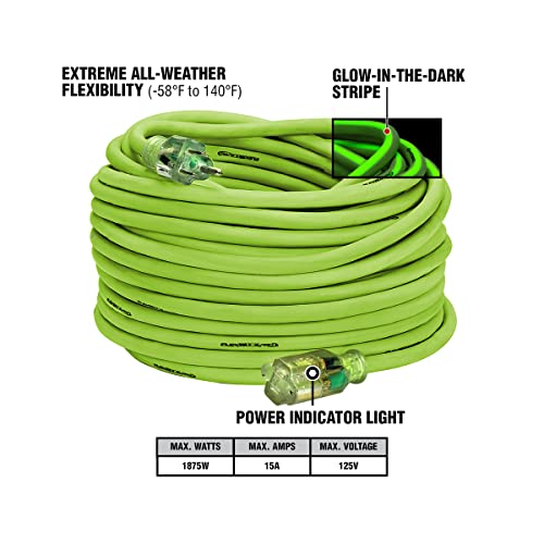 Image of Flexzilla Pro Extension Cord, 12 /3 AWG SJTW, 100 ft., Lighted Plug, Indoor /Outdoor, ZillaGreen - FZ512835