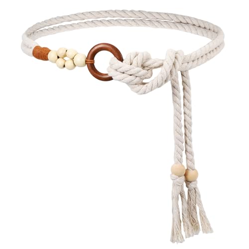 Rope Belt, Tassel Braided Boho Belt with Wooden Beads Skinny Macrame Belts for Dresses Skirts Tunics
