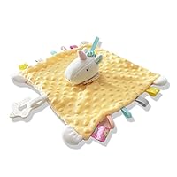 Yellow Unicorn Security Blanket with Tags Lovey Teether Toys Infant Stuffed Animal Taggy Blanket Soft Plush Minky Dot Baby Snuggle Blanket with Rattle Crinkle, Shower Gift for Newborn Infant