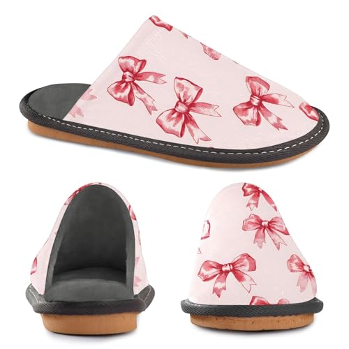 Slippers for Women Watercolor Red Pink Bow Pattern Soft Winter Warm Shoes Indoor Outdoor Non-Slip House Travel Slippers4
