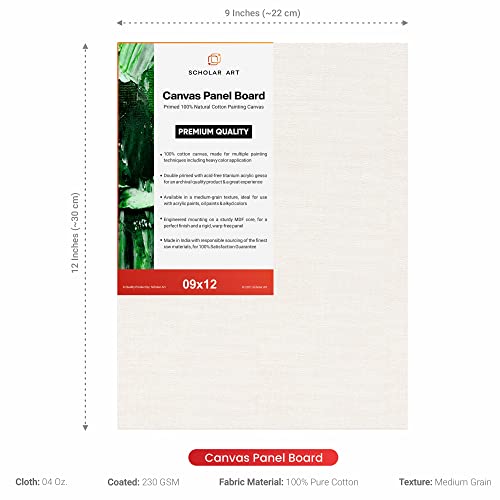 Image of Scholar Art Hobby Series 04 Oz (230 GSM) 100% Cotton Canvas Panel Board for Painting (White Blank Canvas Boards for Acrylic Paint, Oil Paint, Wet & Dry Media) | 09 inchx12 inch (22.5x30 cm), Pack of 12