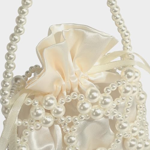 Cute Crossbody Bag Pearl Purse, Fashion Sling Handmade Pearl Beaded y2k Handbags Chic Ladies Hobo Beaded Shoulder Bag (Cream)4