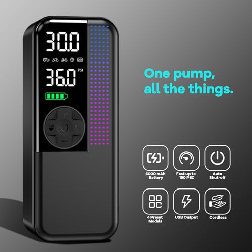 Tire Inflator Portable Air Compressor, 150 PSI Cordless Air Pump, Dual Power 6000mAh, 12V DC Car Plug, Fast Inflation 24L/Min, Auto Shut-Off, LED Light, 4 Preset Modes for Car, Bike, Motorcycle, Balls - Image 3