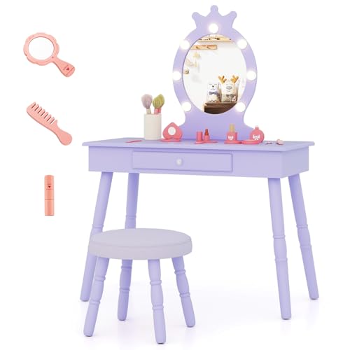 GLACER Kids Vanity with Lights, 2 in 1 Wooden Princess Makeup Vanity Desk with 3-Color Adjustable LED Lights, Storage Drawer, Anti-Toppling Device, Toddler Vanity Table and Chair Set (Violet)