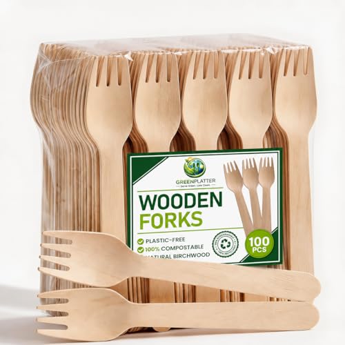greenplatter Wooden Forks - Disposable Biodegradable Birch Wood Utensils for Parties Picnics Weddings BBQs and Events (100)