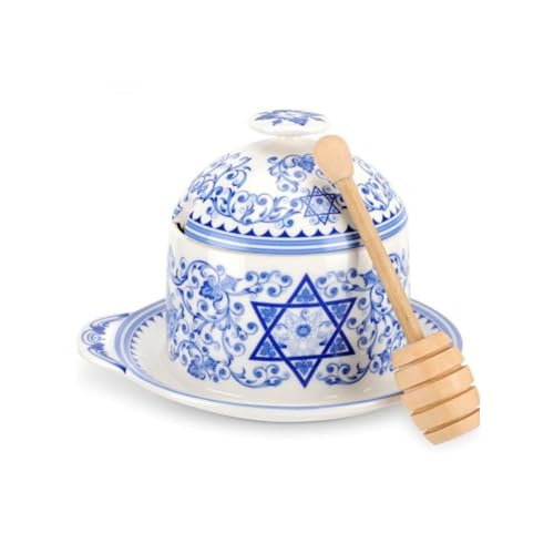 Spode Judaica Honey Pot with Drizzler - 10.5 oz Fine Porcelain Jar with Lid & Wood Dipper, Rosh Hashanah Gift for Holiday Tables - Great for Hanukkah, New Year, Thoughtful Hostess Present