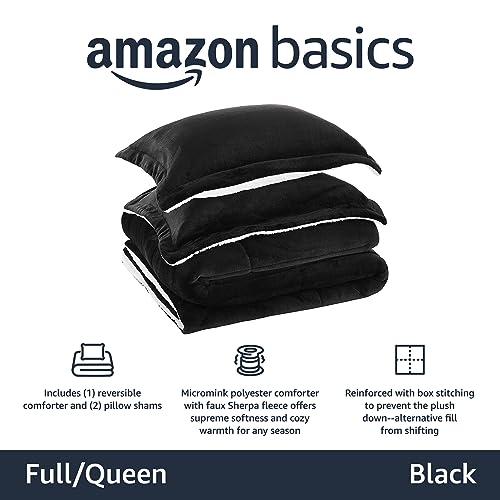Image of Amazon Basics 3-Piece Micromink Sherpa Bedding Set, Ultra-Soft, Warm All Season Comforter, Full /Queen, Black, Reversible