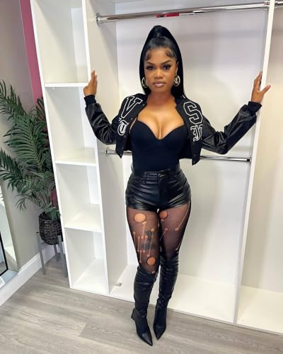 THLAI Women Varsity Jacket Button Down Cropped Faux Leather Jacket Letter Embroidery Jacket Short Baseball Outwear3