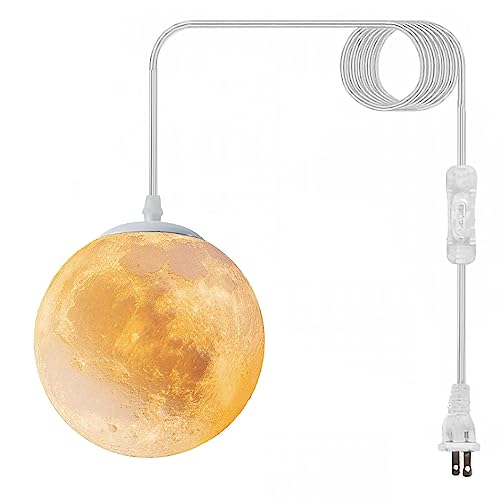JLOWCO Plug-in Moon Pendant Light Hanging Lamp with Switch & Cord 3-Color Dimmable LED Ceiling Lamp for Kids Bedroom or Nursery White Lunar Night Light (Warm Neutral White LED Bulb Included)