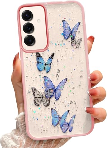 Image of VONZEE for Samsung Galaxy S25 Plus 5G Clear Glitter Butterfly Case, Cute Bling Sparkle Shiny Soft Silicone TPU Bumper Shockproof Women Girls Slim Protective Phone Cover for Galaxy S25 Plus 5G, Pink