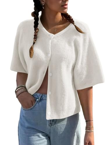 Image of Cioatin Women Yellow Short Sleeve Button Down Crop Cardigan Sweater Y2K Oversized Aesthetic Knit Shirt Tops Preppy Girls