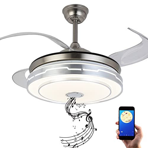 JVUJVCI Retractable Ceiling Fan with Light and Bluetooth Speaker, LED Bluetooth Ceiling Fan with Light 7 Color Lighting 42 Inch (Silver)