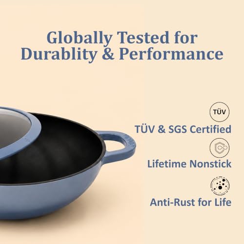 Image of Vinod Freya Cast Iron Deep Kadai with Glass Lid, 22 cm 1.9L | TREON Technology Enamel Kadhai for Frying, Sabzi, Curry & Cooking | No Seasoning Required | Induction & Gas Compatible | 100% Non-Toxic