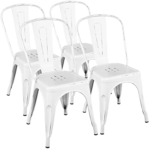 Yaheetech Metal Dining Chairs Indoor/Outdoor Stackable Side Chairs Coffee Chair Classic/Chic/Industrial/Vintage Bistro Café Trattoria Kitchen Distressed White, Set of 4 (Renewed)