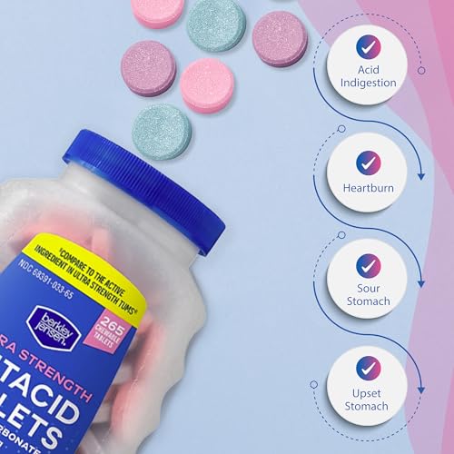Image of Berkley Jensen Ultra Strength Antacid Chewable Tablets - 1000mg Calcium Carbonate for Heartburn, Acid Indigestion, Upset Stomach Relief - Assorted Berry Flavor - 265 Count
