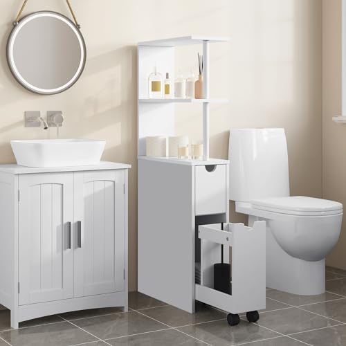 EUGAD Nischenschrank Badezimmer, mit Schublade auf Rollen, offenen Ablagen, Badschrank Badezimmerschrank schmal, Seitenschrank Küchenschrank Mehrzweckschrank, Weiß, 19x113x45 cm (BxHxT)