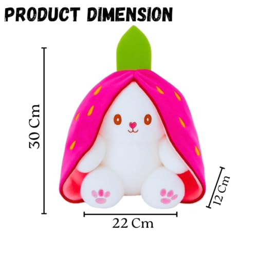 Image of Reversible Bunny Rabbit Soft Toy - 30cm with Strawberry Cover | Stuffed Animal Plushie Doll for Kids Baby Girls Boys for Birthday, Valentine, Return Gift | Pink&White Toy with Chain