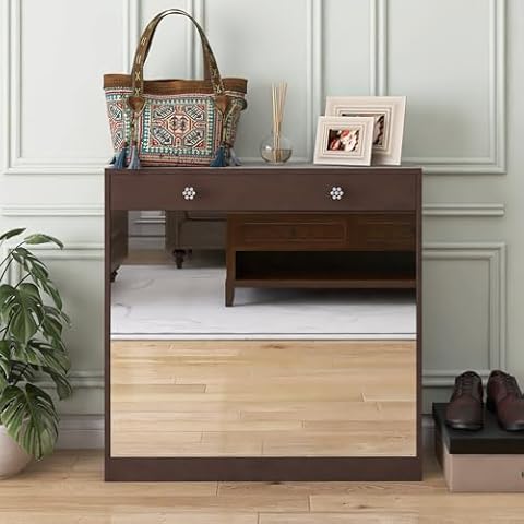 GLSCASA Mirror Shoe Cabinet for Entryway, Narrow Shoe Storage Cabinet with 2 Flip Drawers, Modern Flip Door Design Freestanding Shoe Cabinet, Slim Farmhouse Shoe Rack Organizer, Brown Cover