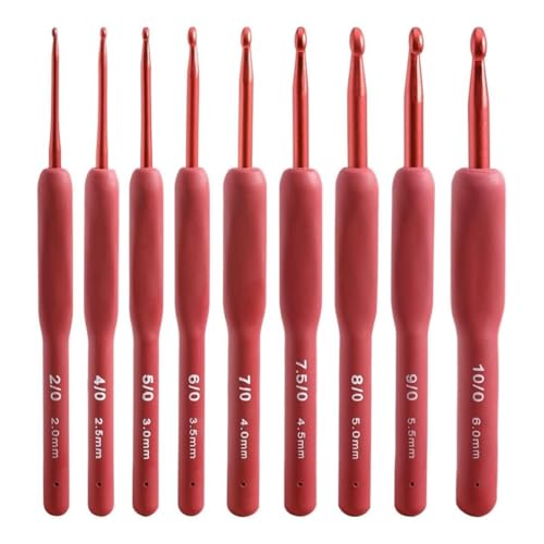 Image of VIRADHAM Ergonomic Crochet Hook Set, 9-Piece Soft Touch Aluminum Crochet Hooks (2.0-6.0mm), Red Knitting Needles for Arthritic Hands, Comfortable Grip Crochet Kit for Beginners & Professionals (9 Pcs RED)
