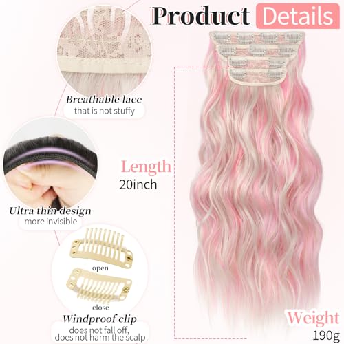 Image of KooKaStyle Clip in Synthetic Hair Extensions Long Wavy 4PCS Thick Hairpieces Blonde with Pink Highlight Fiber Double Weft Natural Hair Extensions 20 Inch for Women