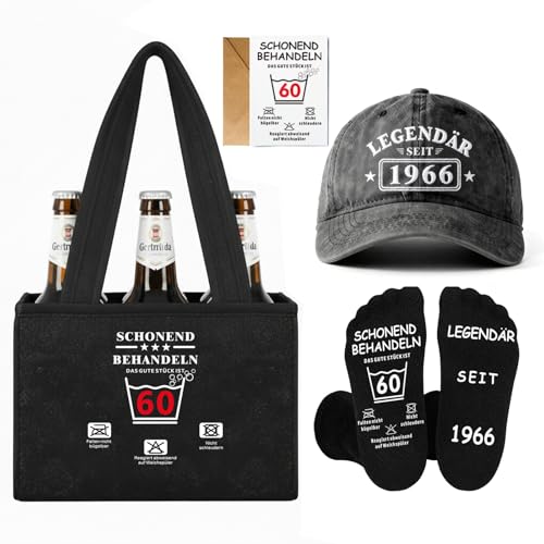 Geschenk zum 60. Geburtstag Mann – Lustiges 4-teiliges Set: Biertragetasche für 6 Flaschen (Filz, Schwarz) + Basecap „Legendär seit 1966“ + rutschfeste Socken 60 + Grußkarte – Party & Jubiläum