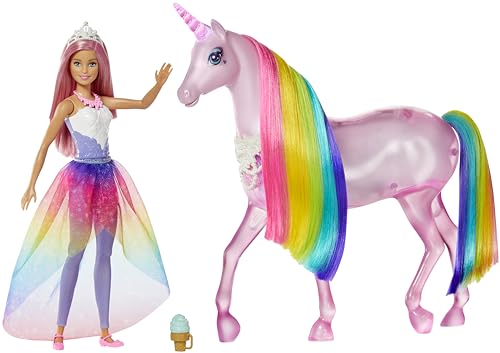 Barbie Dreamptopia Muñeca con Pelo Rosa y su Unicornio Luces mágicas (Mattel FXT26)