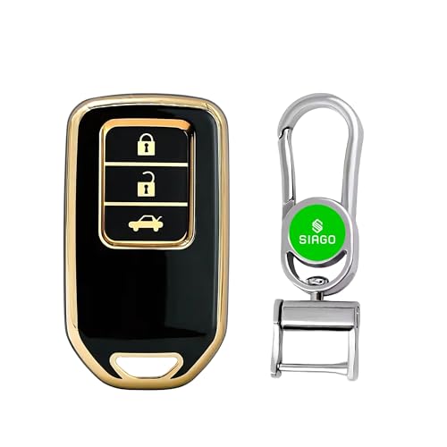Image of SIAGO SIA358 TPU Key Cover and Metal Keychain Compatible for Honda City, Civic, Jazz, Amaze, CR-V, BR-v, WR-V with 3 Button Smart Key (Black Pack of 1)