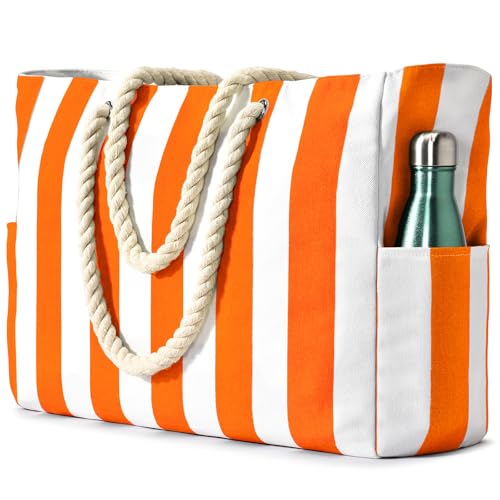 Image of Becokan Women's Pool Swim Bag - Waterproof Sandproof Large Stripe Beach Tote with Zipper