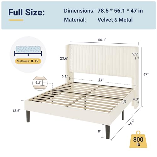 Image of Allewie Full Size Velvet Bed Frame /Vertical Channel Tufted Wingback Headboard /Upholstered Platform Bed /Strong Wooden Slats /No Box Spring Needed /Easy Assembly /Cream White