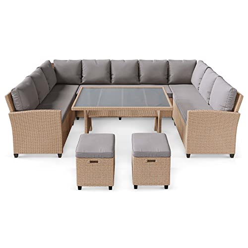 Polyrattan Sitzgruppe Livorno - Lounge Gartenmöbel-Set mit Ecksofa, Tisch, 2 Hockern - Loungemöbel in Rattan-Optik inkl. eine Fleecedecken (beige) – Bild 6