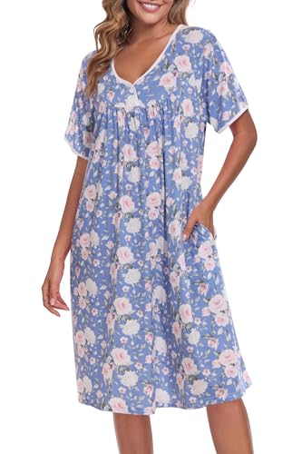 Image of AVIIER Nightgows for Women Soft Cotton Night Shirts Short Sleeve Sleepwear with Pockets