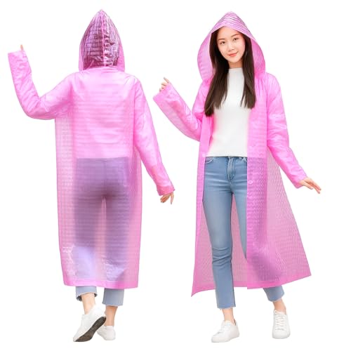 Image of HACER Hooded Raincoat for Women EVA Waterproof Full Length Long Sleeves Lightweight Rainwear with Hood for Adults Camping Hiking Trekking (Pack of 1, Pink, Free Size)