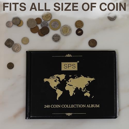 Image of SPS Coin Collection Album - 240 Pockets | Holds Small & Large Coins | 14 Sheets | Premium Storage for Collectors | Coin Organizer | Emerald Green