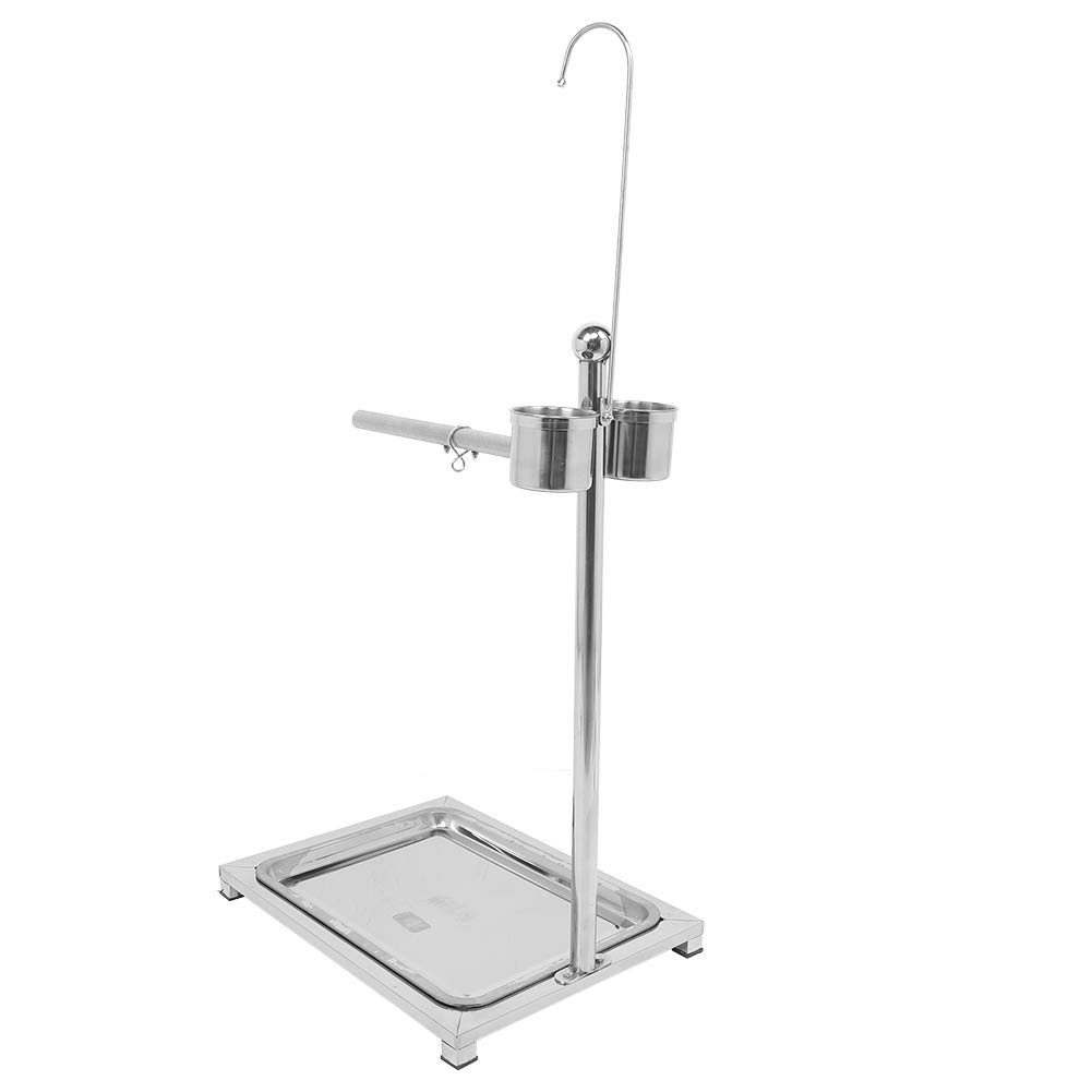 Pssopp Stojak na Ptaki ze Stali Nierdzewnej z Dwiema Miskami na karmę Pręt Okonie do Klatek Treningowych dla Papug (Duży rozmiar (44 * 33 * 60 cm))