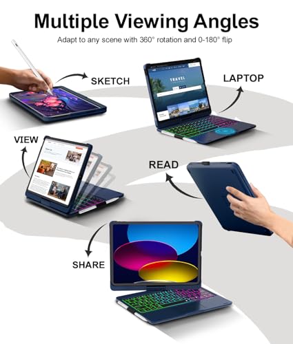 Image of Baisla iPad 10th Generation Case with Keyboard 10.9 inch& iPad 11th (A16) & iPad Air 11 (M4 /M3 /M2), Multi Trackpad, 360 Swivel & Rainbow Backlit for iPad Air 5th /4th,iPad Pro 11 4th /3rd /2nd /1st - Blue
