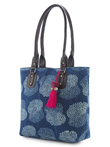 Image of NEPRI Office Pouch Tote Bag | Stylish Set of 2 Tote Bags for Women| Vegan Leather & Handblock Printed Fabric Handbag with Double Handle Shoulder Strap| Daily & Travel Use