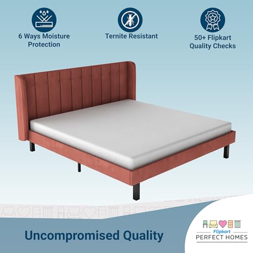 Image of Wooden Modern Upholstered Queen Size Bed for Bedroom | Wooden Double Bed Without Storage | Platform Cot Upholstered Bed with Upholstery Fabric | Engineered Wood | 6.5 x 5 Ft | Brown
